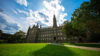 Green lawn in front of the Healy Building with a tree