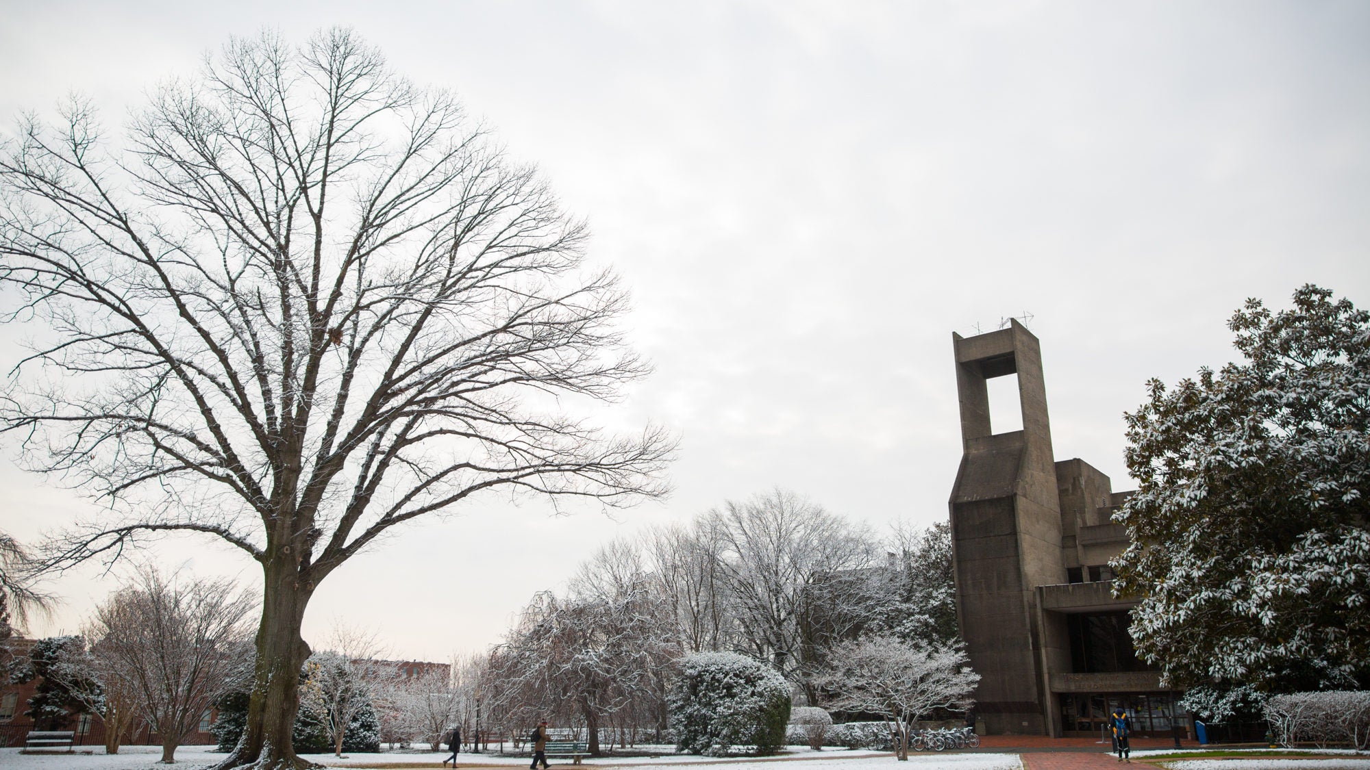 The photo shows a snowy scene on Copley Lawn.