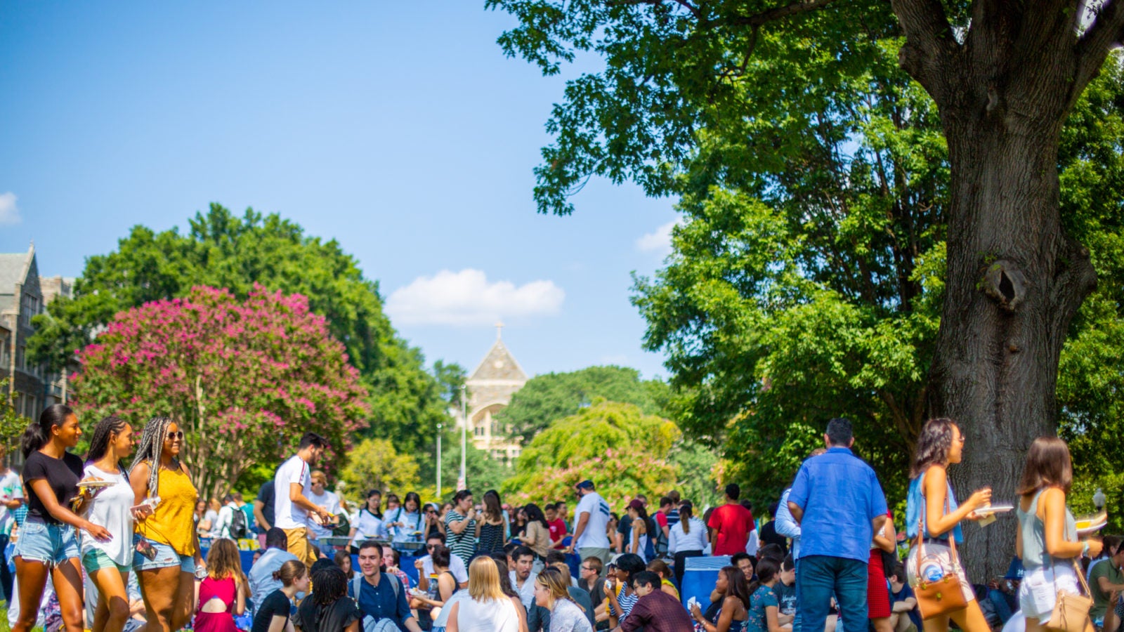 Students are gathered on Copley Lawn.