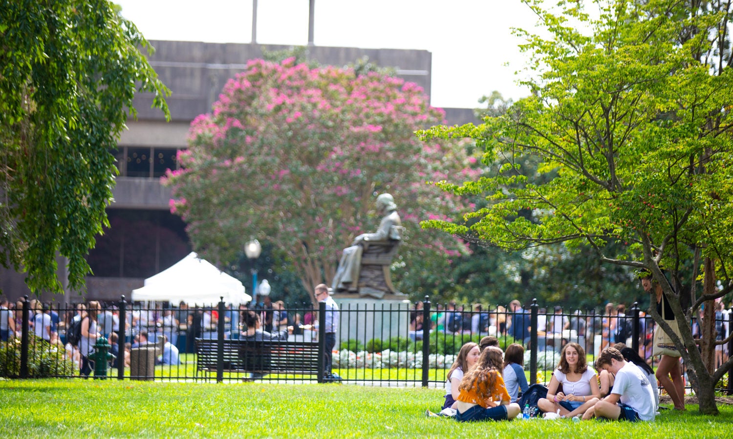 Students are sitting on Copley Lawn.