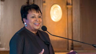 Carla Hayden speaks into microphone