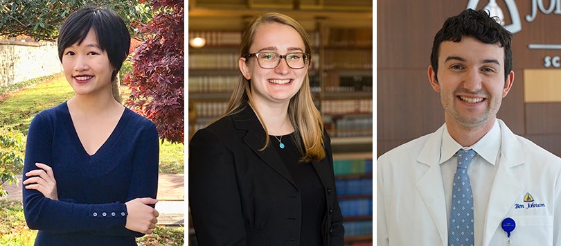 Three separate portraits of Rebecca Kuang, Annee Lyons and Benjamin Johnson.