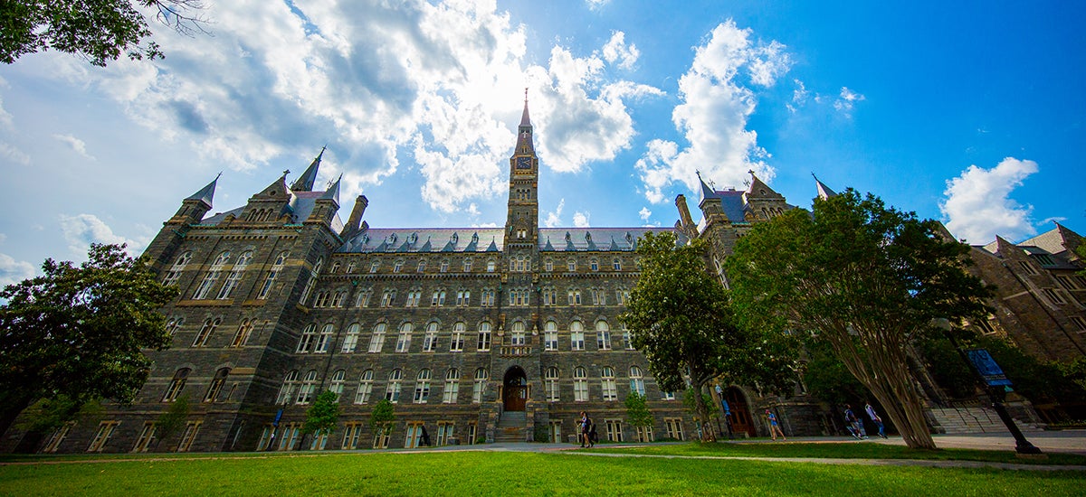 Healy Hall from above with trees