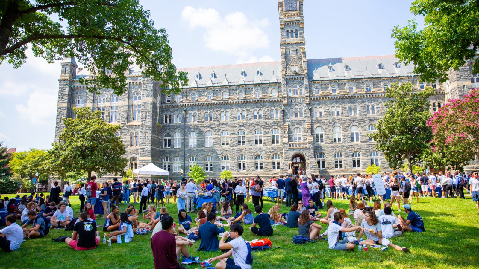 Students sit on the lawn in front of Healy Hall.