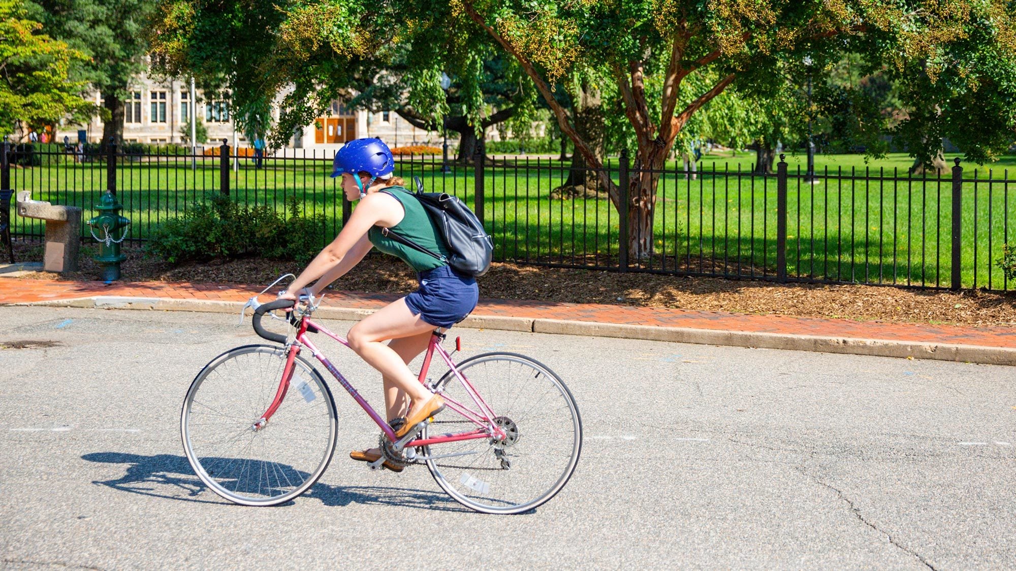 A Georgetown student bicycling