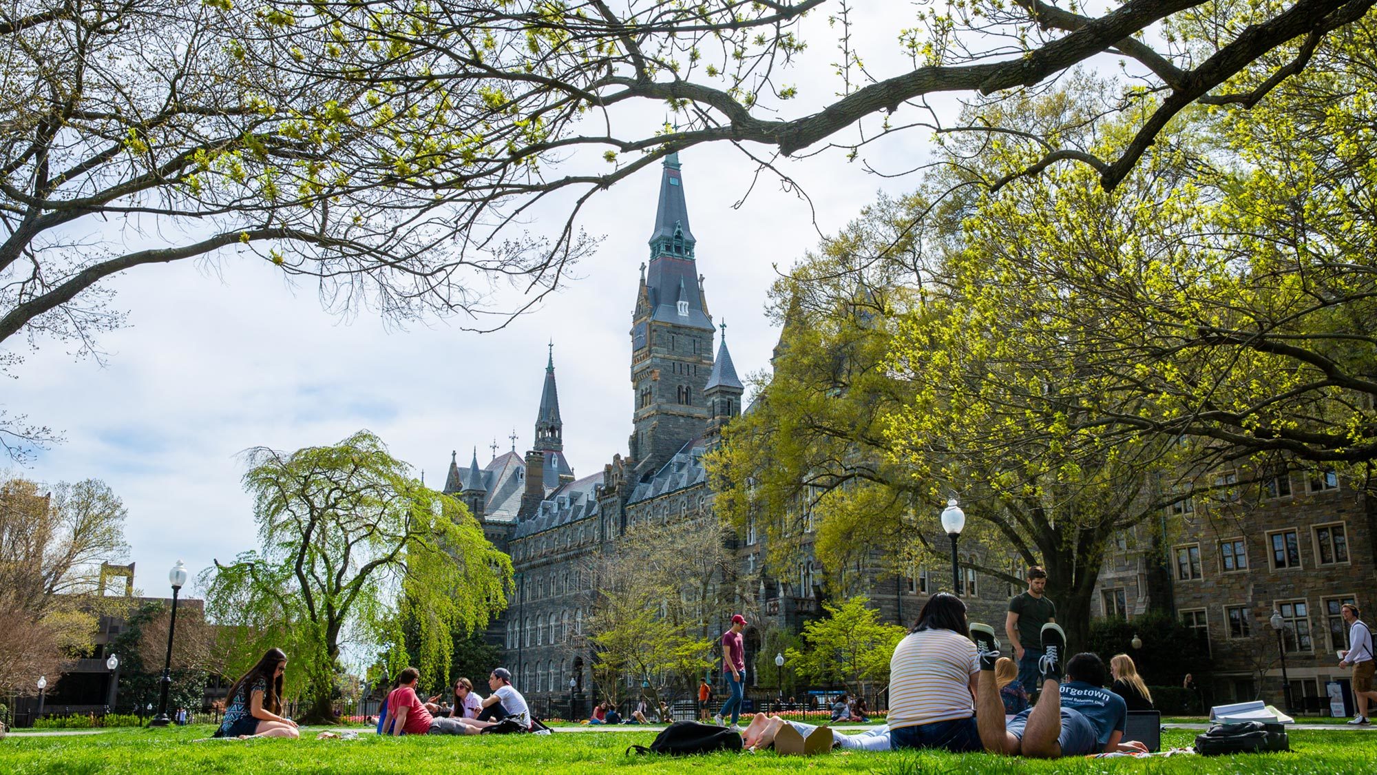 Students sit on a lush green lawn with Healy Hall standing tall in the background.