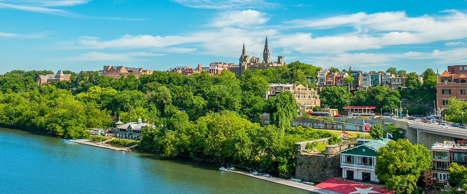 Georgetown&#039;s campus in the distance from the Key Bridge.