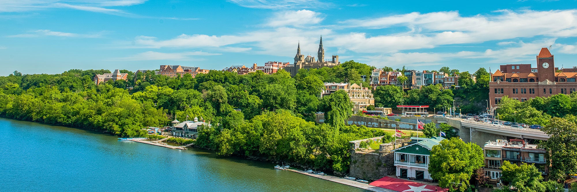 Georgetown&#039;s campus in the distance from the Key Bridge.