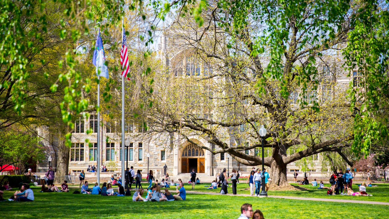 Students lounge on Copley Lawn in front of White Gravenor.