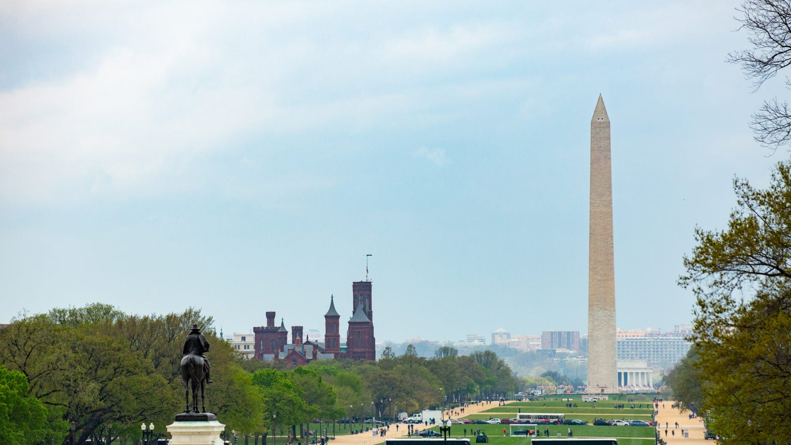 The Washington Monument towers over the National Mall.