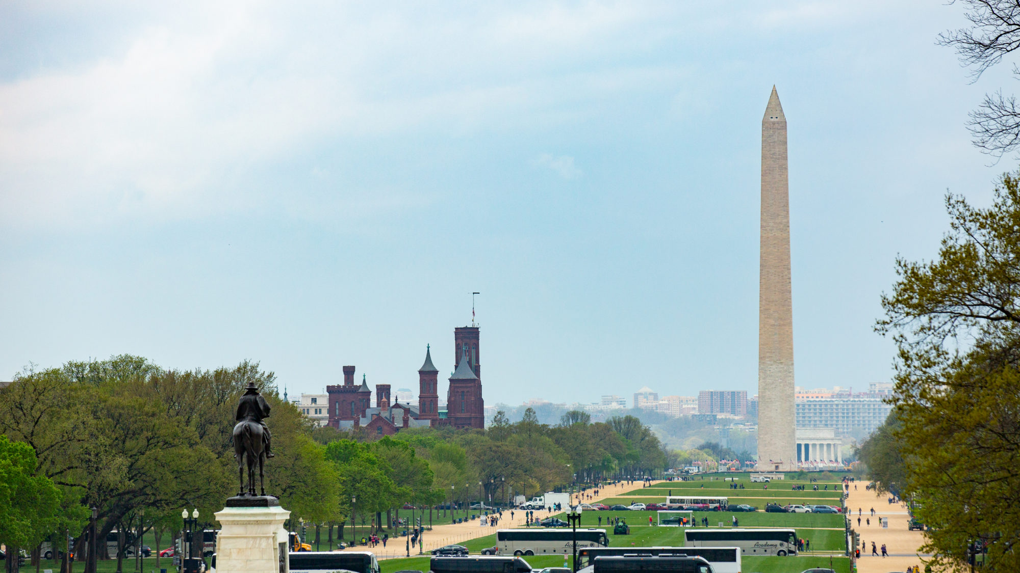 The Washington Monument towers over the National Mall.