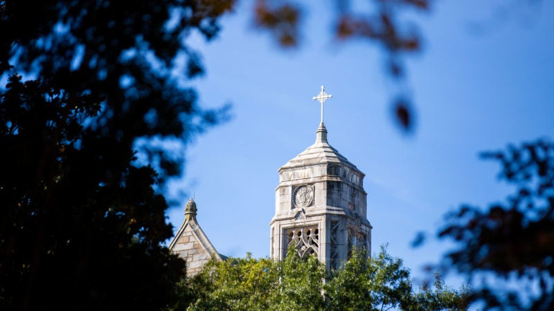 The top of White-Gravenor Hall is framed in leaves