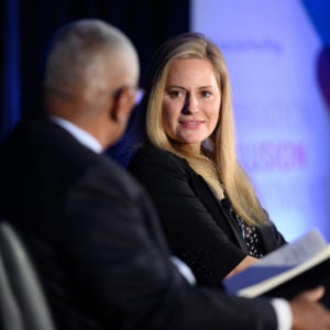 Alumna Aimee Mullins speaks to an interviewer