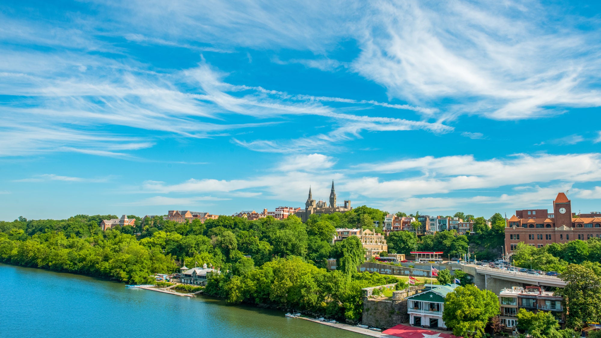 A blue sky hangs over the Georgetown waterfront.