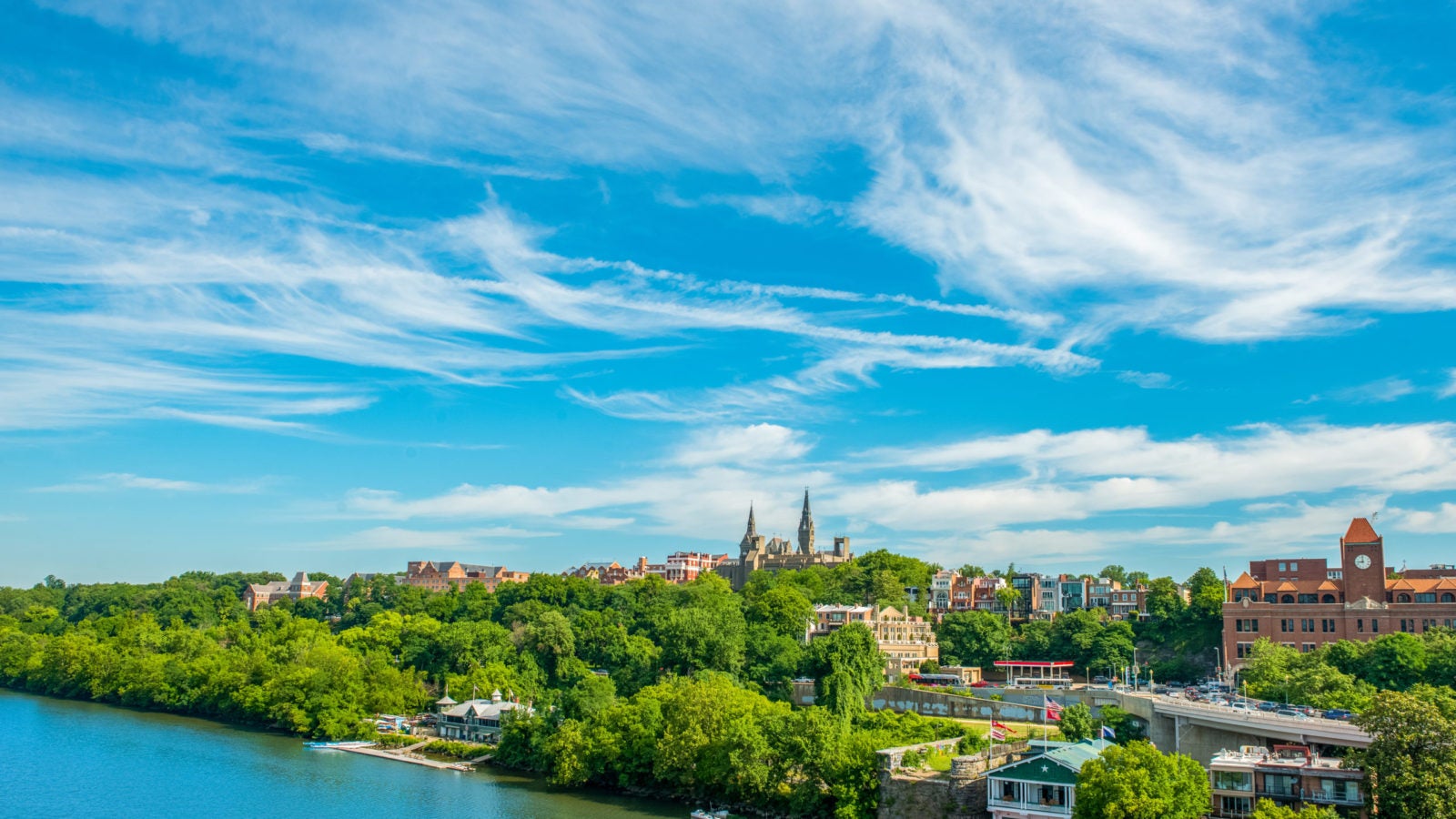 A blue sky hangs over the Georgetown waterfront.