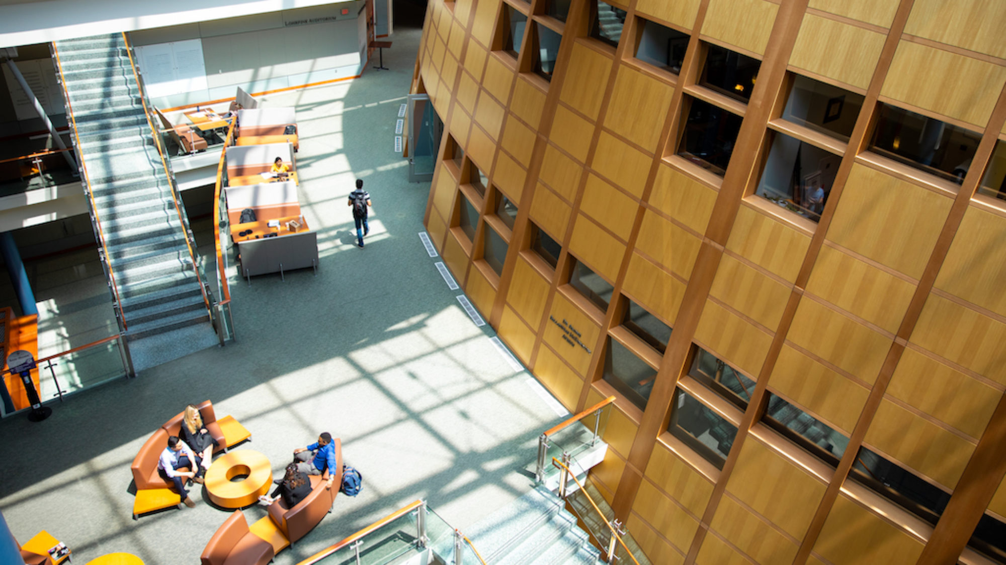 Image displays an aerial view of the inside of the McDonough School of Business