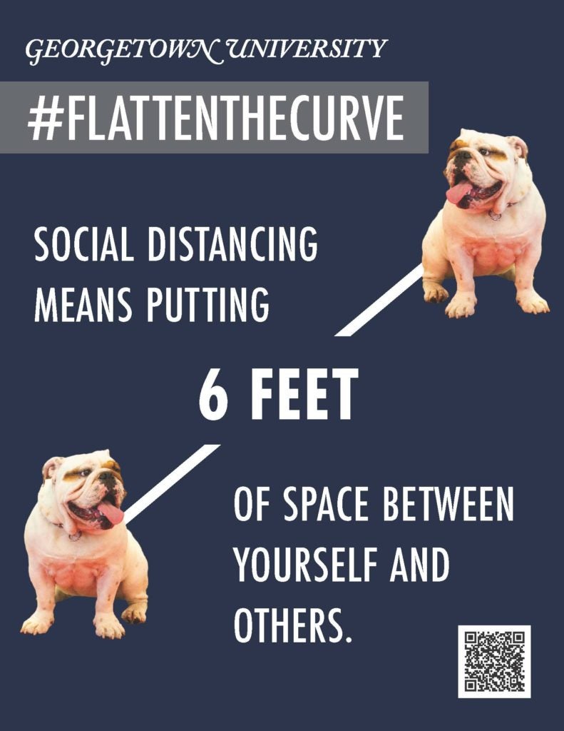 A graphic with the words "#FlattentheCurve SOCIAL DISTANCING MEANS PUTTING 6 FEET OF SPACE BETWEEN YOURSELF AND OTHERS."