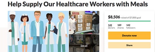 A GoFundMe page created by Ariana Mastrogiannis called Help Supply Our Healthcare Workers with meals with illustrations of health care workers showing that $8,506 has been raised with a goal of $7000 and 142 donors, 189 shares and 142 followers and buttons for Donate Now and Share