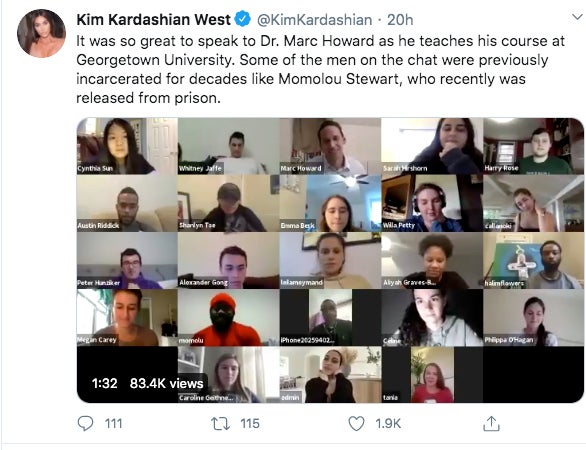 Screenshot of Tweet by Kim Kardashian West showing students and formerly incarcerated individuals reading “It was so great to speak to Dr. Marc Howard as he teaches his course at Georgetown University. Some of the men on the chat were previously incarcerated for decades like Momolou Stewart, who recently was released from prison.” in a virtual class with Marc Howard. 