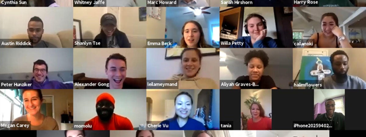 A screenshot of students and formerly incarcerated prison scholar program participants in a Zoom session with professor Marc Howard and Kim Kardashian.
