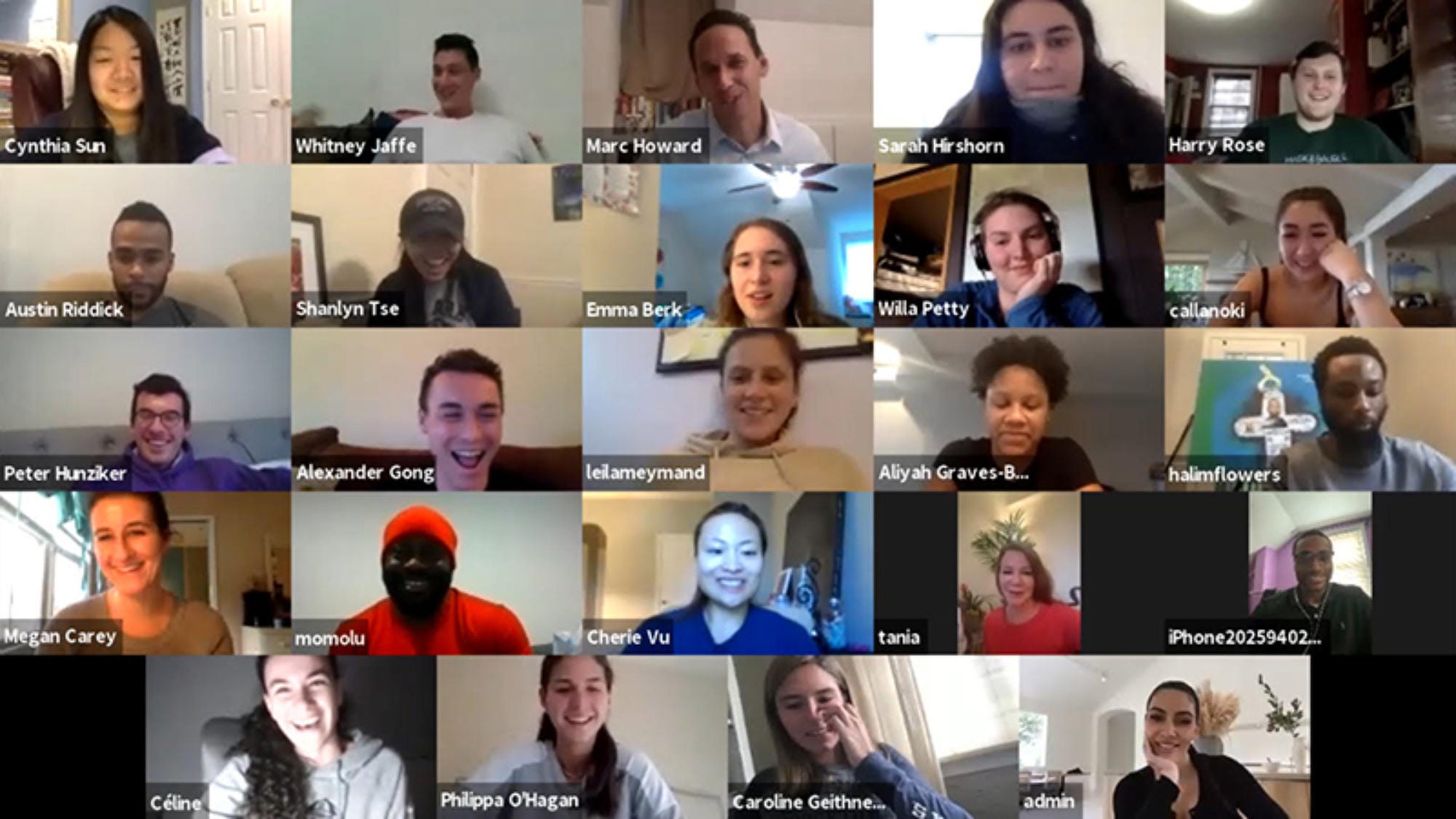 A screenshot of students and formerly incarcerated prison scholar program participants in a Zoom session with professor Marc Howard and Kim Kardashian.