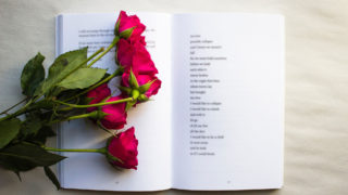 An open book lies flat on a table with the page opened to a poem as red roses lie on the book&#039;s page.
