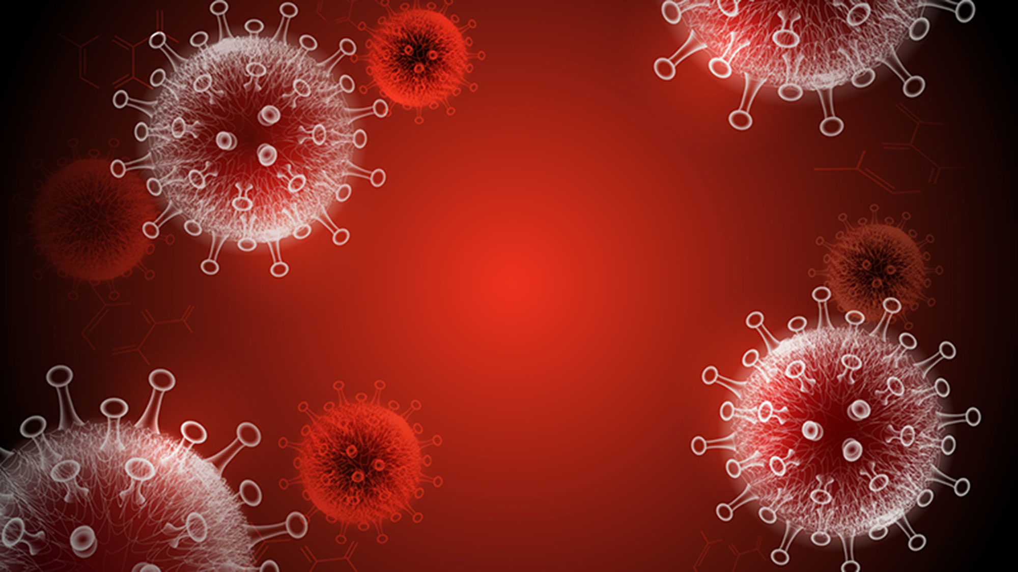 Illustration of viruses with a red background.