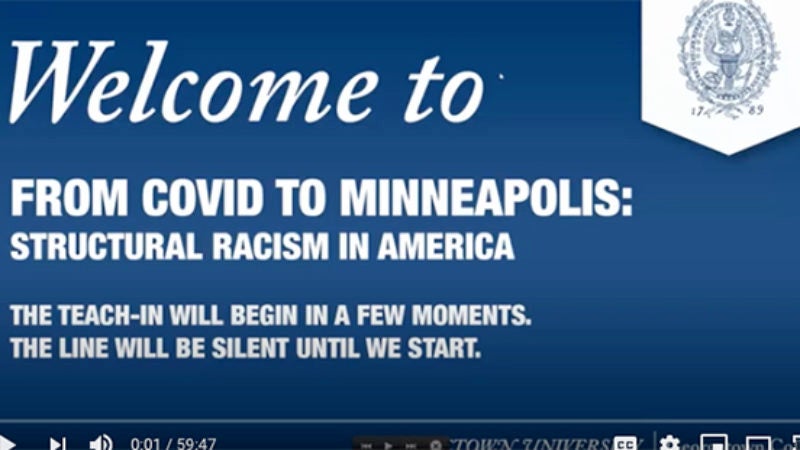 Screenshot with seal of Georgetown University and the words Welcome to From Covid to Minneapolis Structural Racism in America