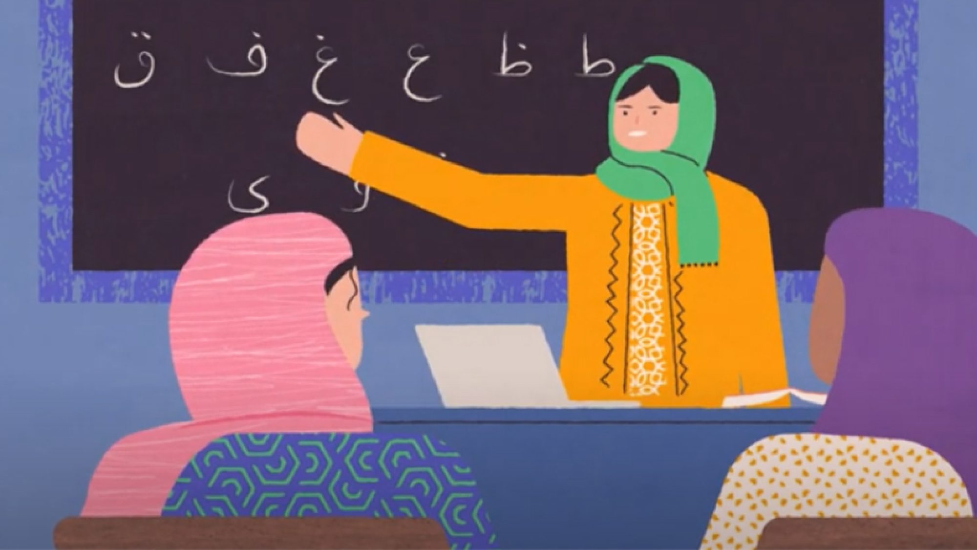 Illustration of a woman gesturing toward letters in a foreign language on a blackboard with two other women sitting