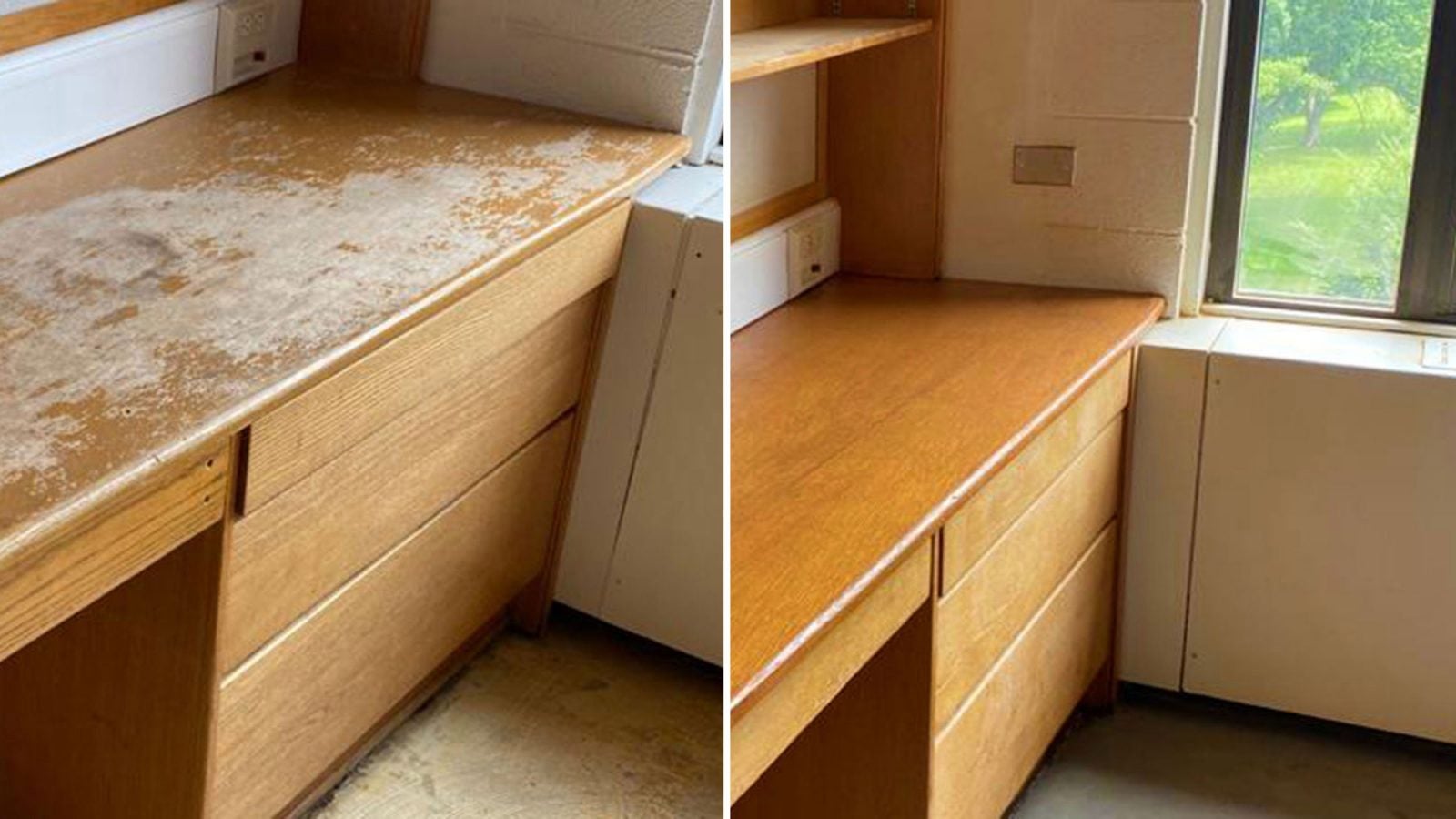 side-by-side image of an old, scratched desk and a new one