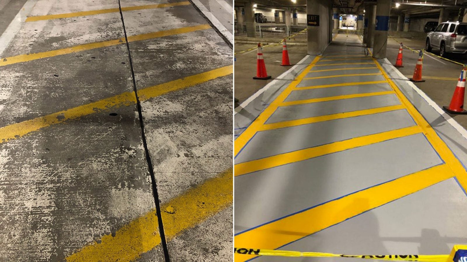 Side-by-side view of the parking lot before and after renovations and construction