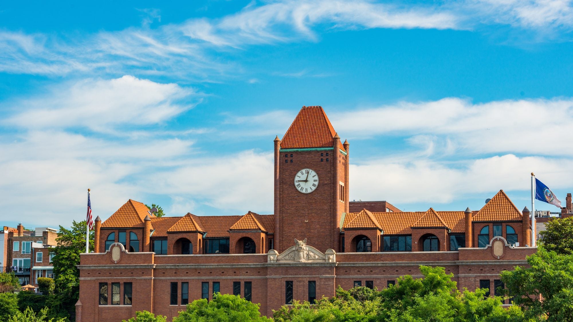 Car Barn brick building with a clock tower on a sunny day