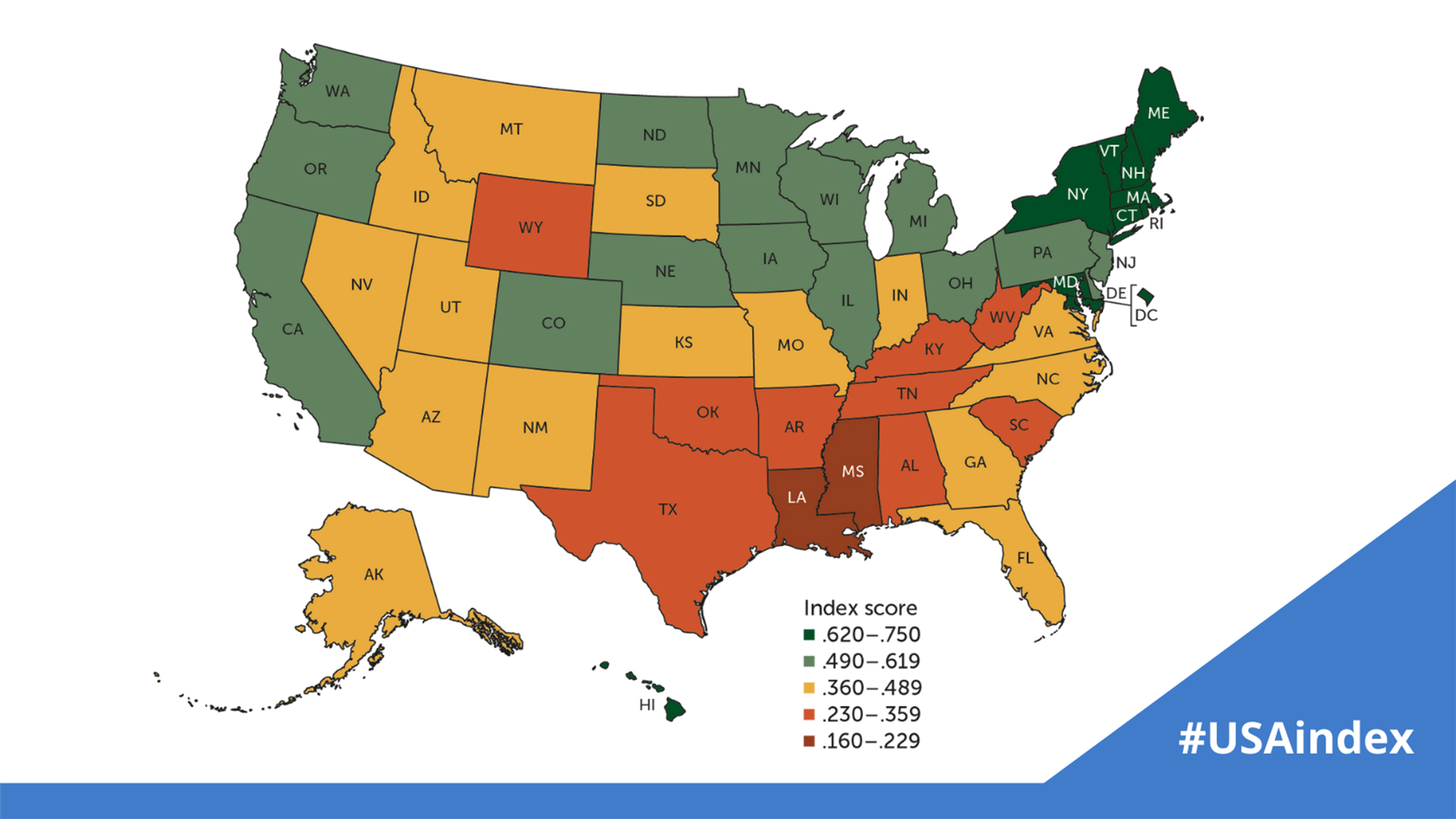 map showing best and worst states for women in the United States