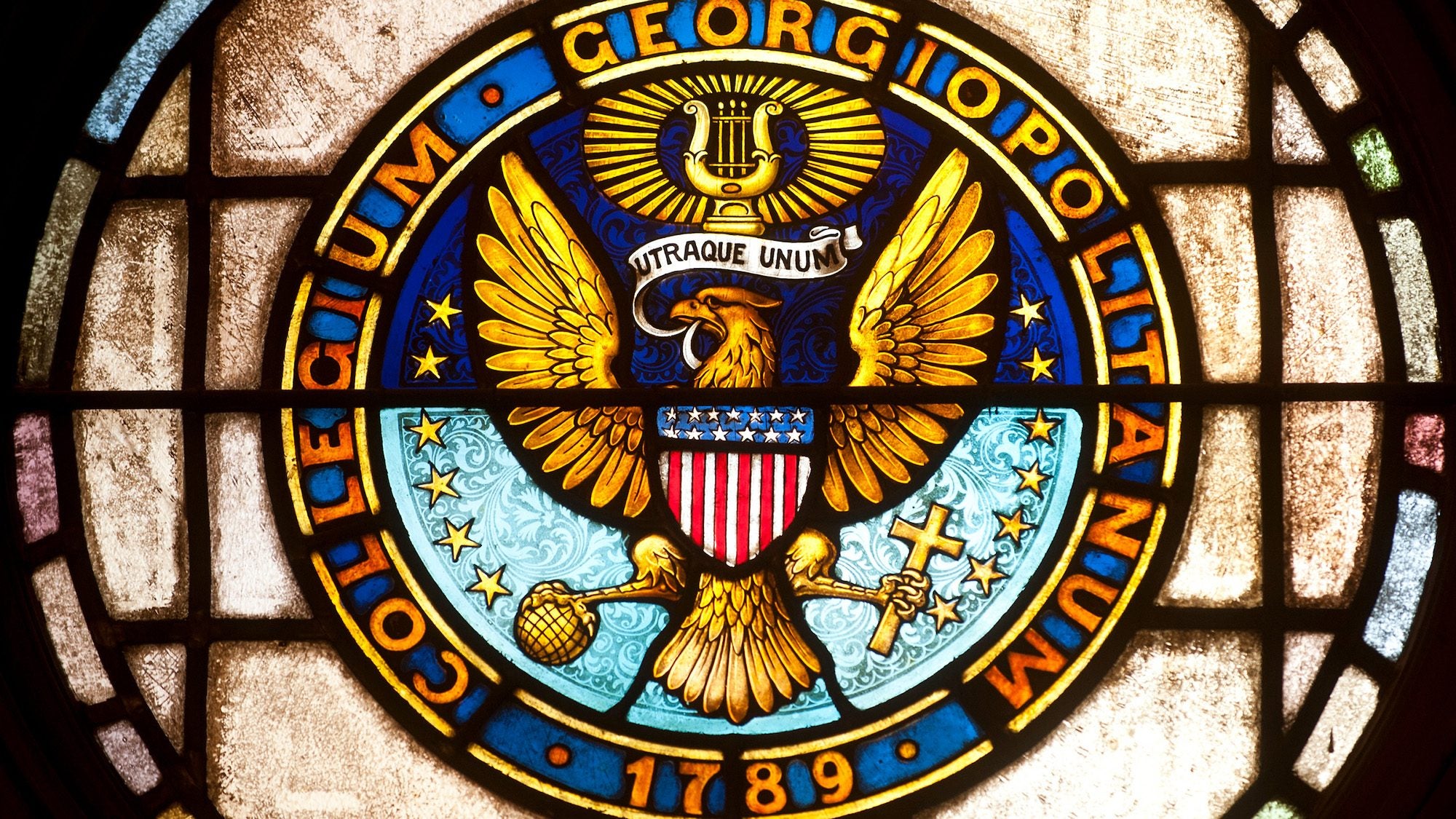 The Georgetown seal rendered in stained glass