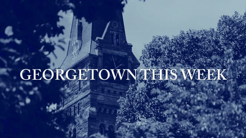 A photo of Healy hall in shades of blue that says &quot;Georgetown This Week.&quot;