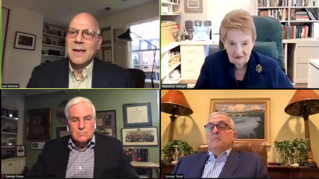 Zoom grid with Madeleine Albright, George Casey, George Tenet and Joel Hellman