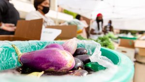 An eggplant and other produce sit in a bucket.