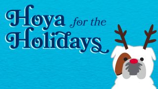 Graphic with Jack the Bullbog wearing reindeer antlers with a message reading Hoya for the Holidays.