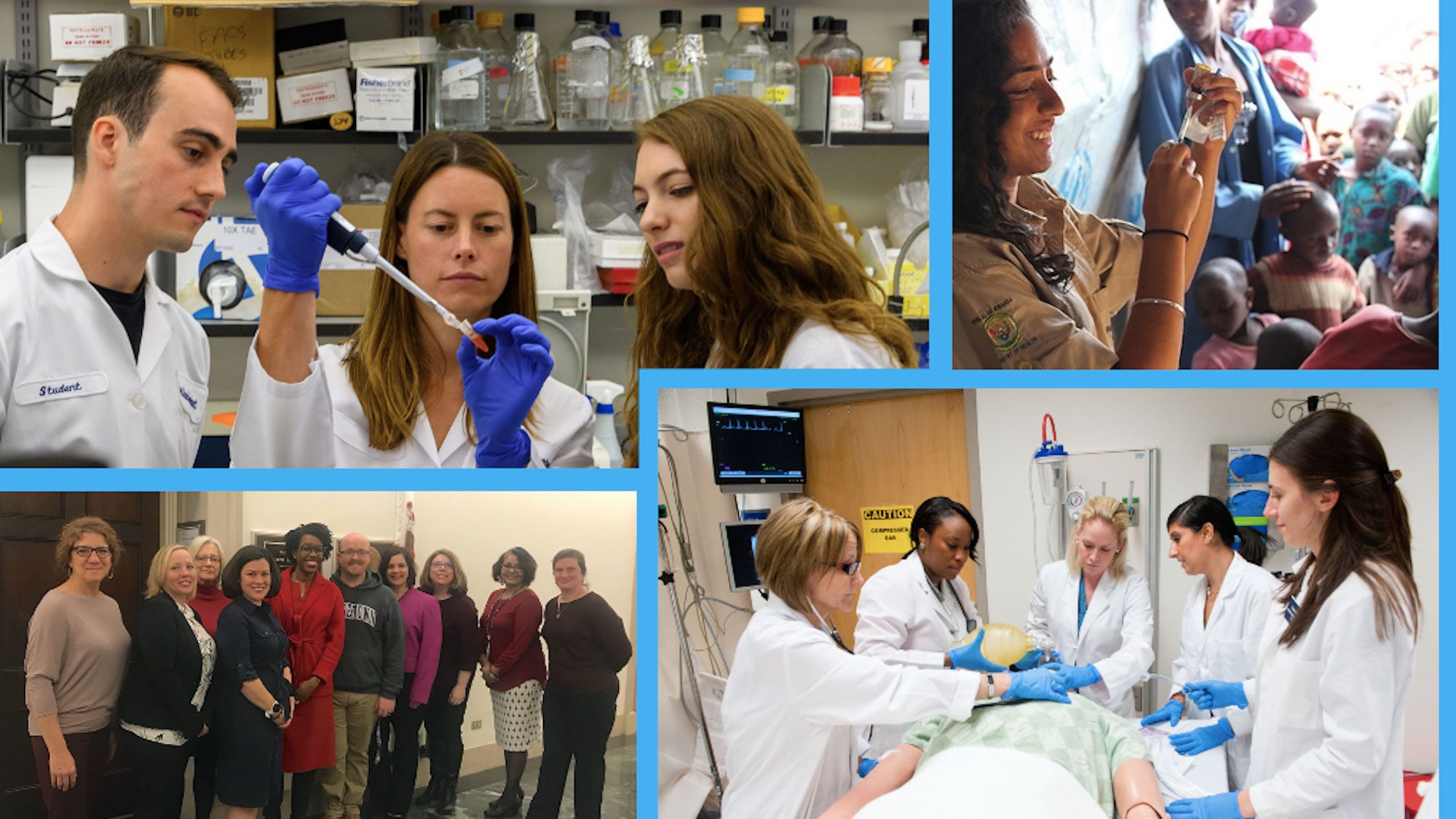 A collage of photos show students working in the labs and caring for patients.