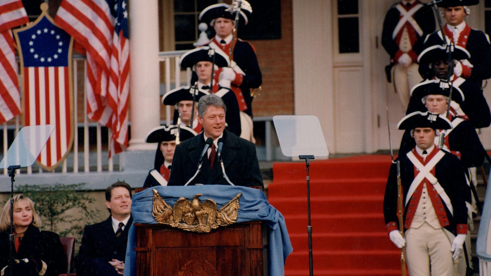 President Bill Clinton speaks from the steps of the Old North Building during his inaugural events.