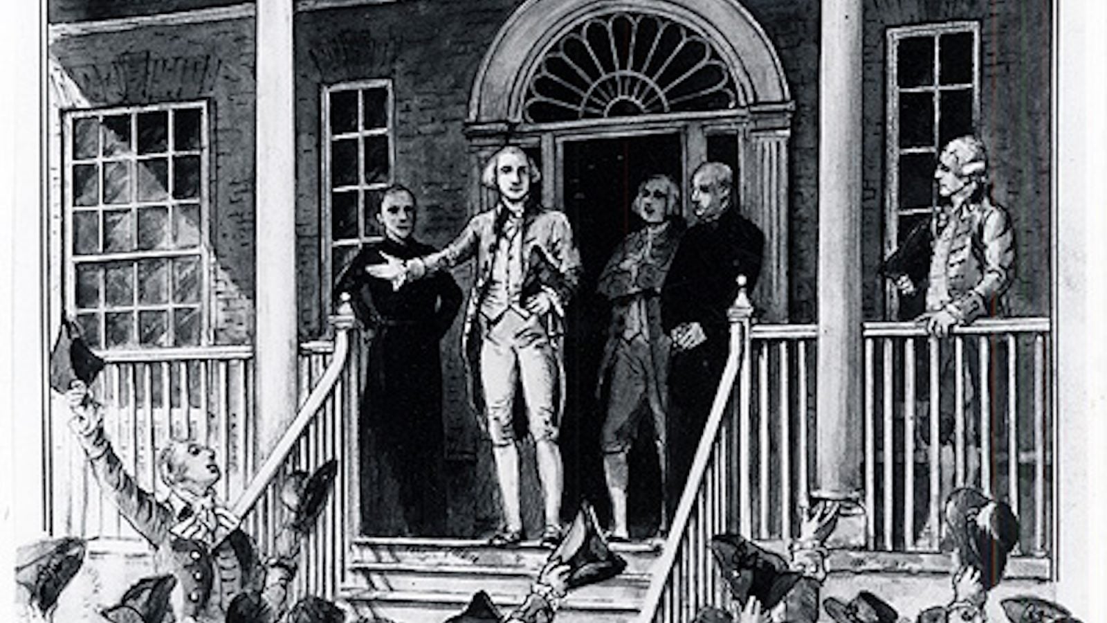 Black and white photo of a drawing of George Washington speaking from the steps of the Old North Building surrounded by an audience.