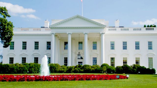 The White House stands with a ring of red flowers surrounding a fountain in front.