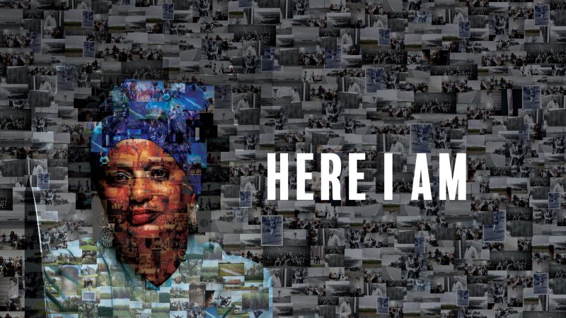 A large mosaic image of Mélisande Short-Colomb, comprised of personal and historical images from her show &quot;Here I Am&quot;