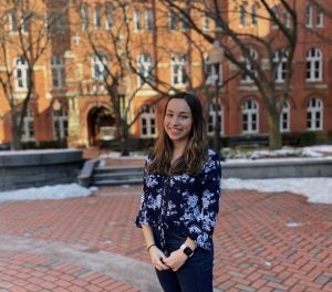 Elizabeth Graham wearing a floral shirt in Dahlgren Quad