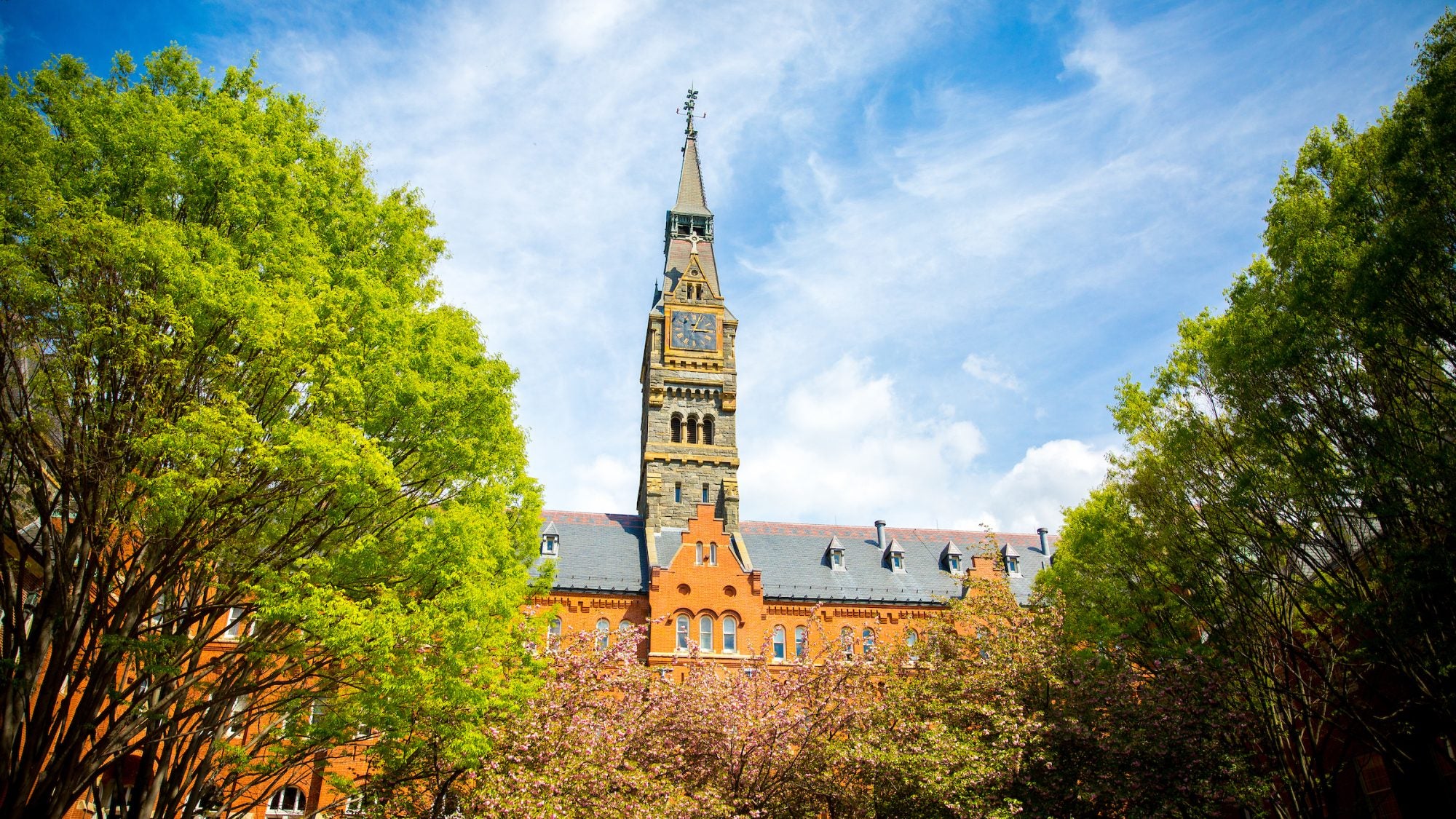 Healy Hall from Dahlgren Quad framed by two trees