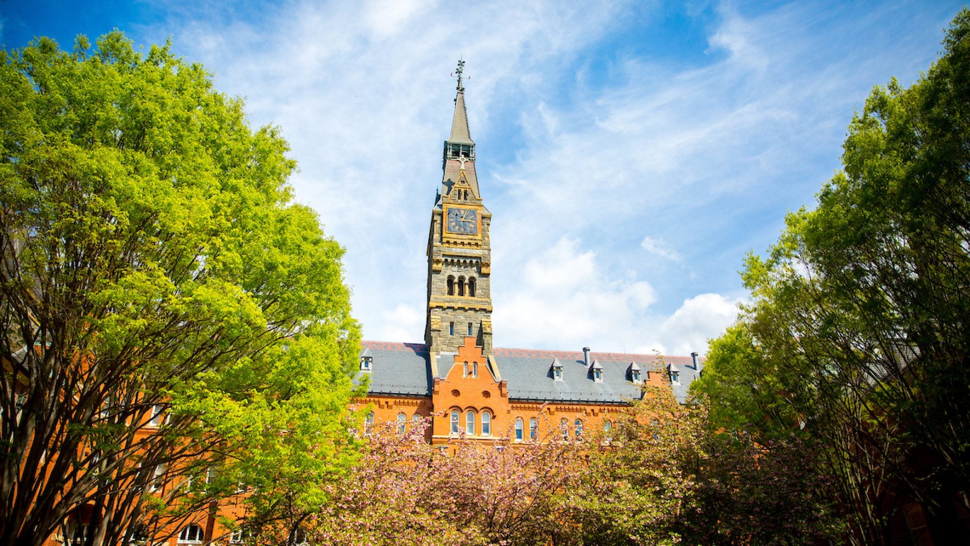 Healy Hall from Dahlgren Quad with new leaves on trees