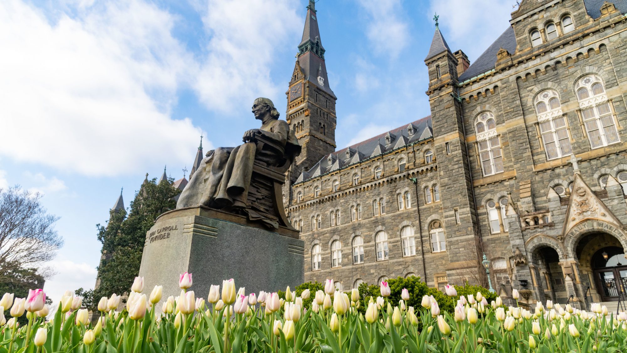 Tulips in front of John Carroll statue and Healy Hall