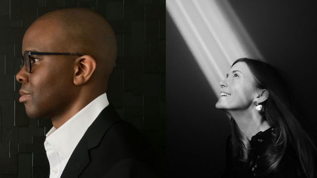 Left: Tope Folarin against black background, Right: Sarah Stewart Johnson in black and white with light a beam shining on her face