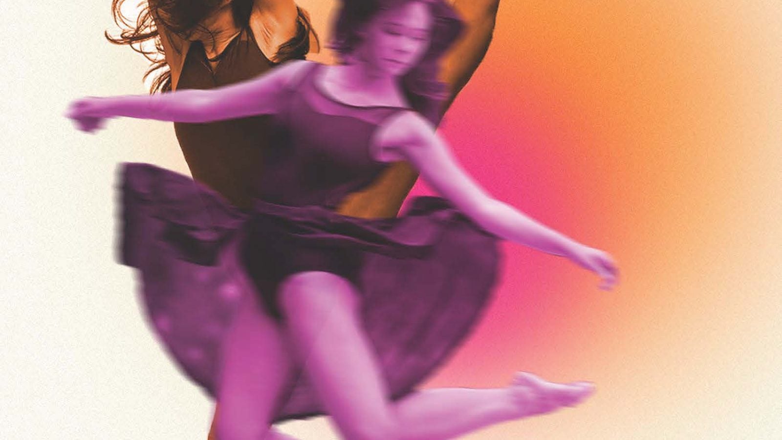 Two Georgetown University Dance Company members perform, one in orange kicks in the background with arms crossed over her head, one in the foreground in magenta leaps with arms outstretched.