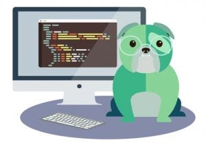 Cartoon of Jack the Bulldog in front of a computer with code on the screen